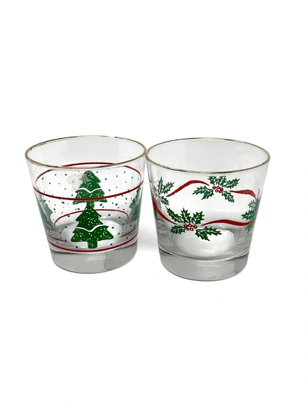 vintage holiday double old-fashioned or rocks glasses featuring festive green
